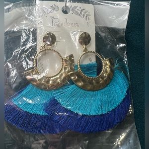 NWT boutique earrings! Gold with royal & light blue fringe